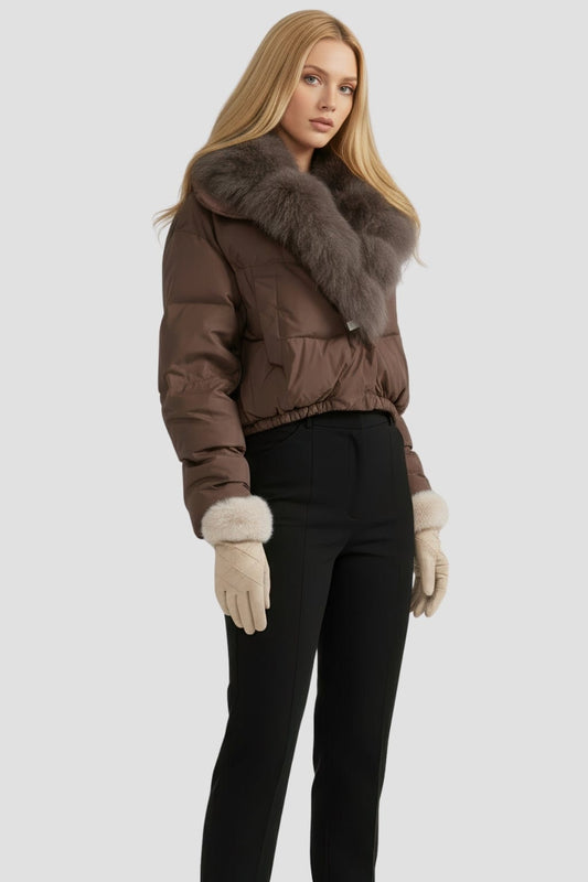 Doudoune col fourrure femme brun Héritage fourrure