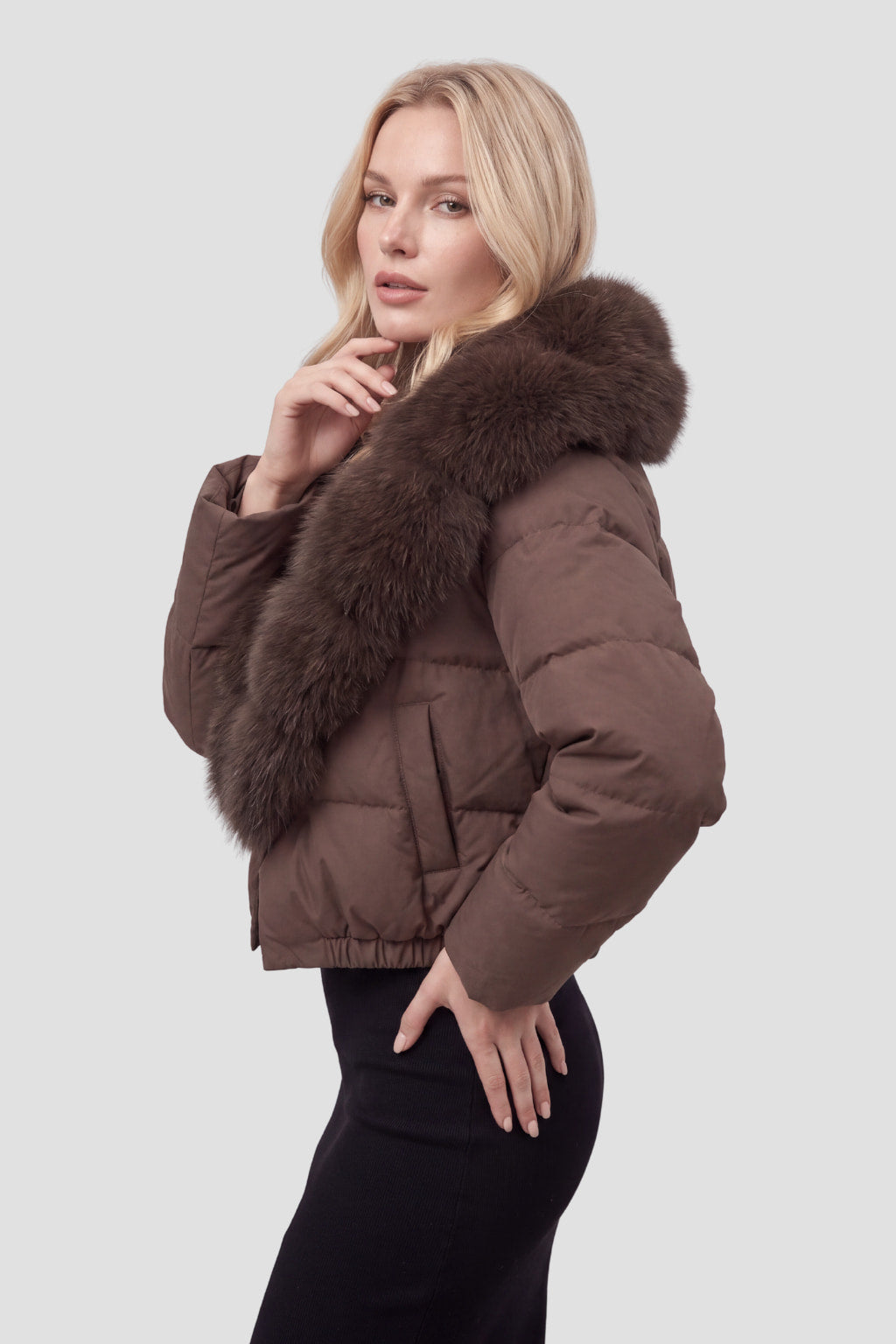 Doudoune col fourrure femme brun Héritage fourrure