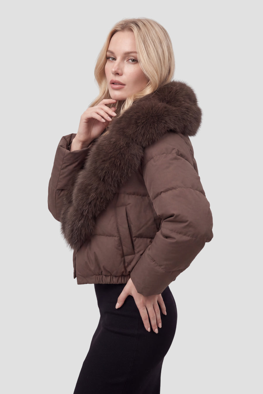Doudoune col fourrure femme brun Héritage fourrure