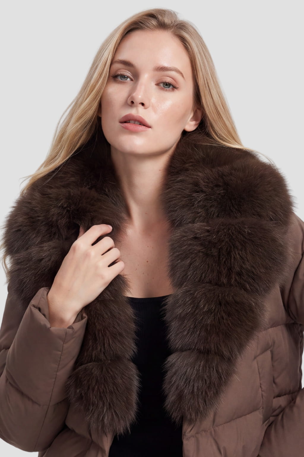 Doudoune col fourrure femme brun Héritage fourrure