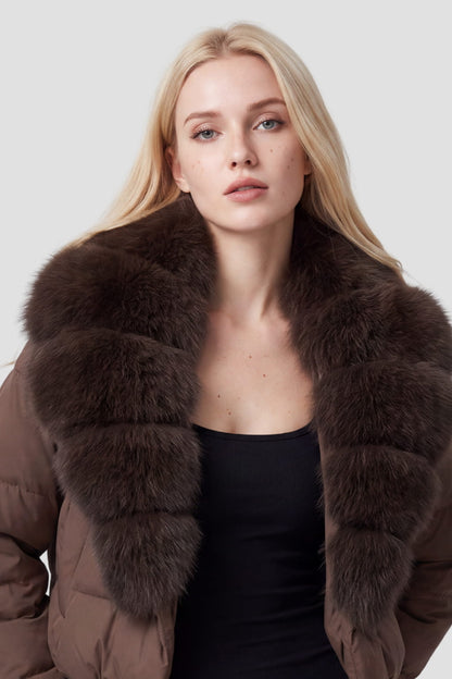 Doudoune col fourrure femme brun Héritage fourrure