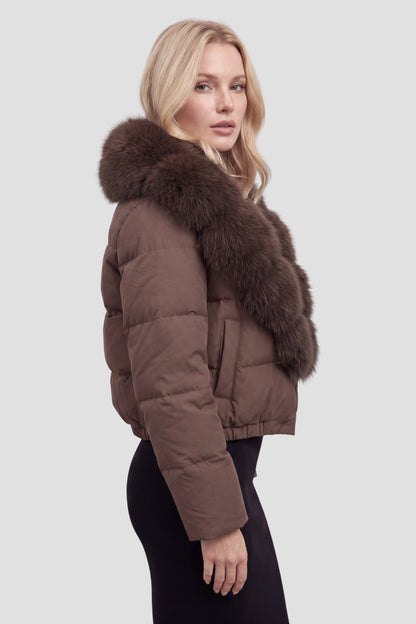 Doudoune col fourrure femme brun Héritage fourrure