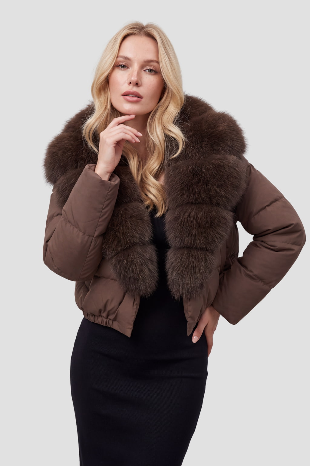 Doudoune col fourrure femme brun Héritage fourrure