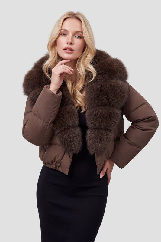 Doudoune col fourrure femme brun Héritage fourrure