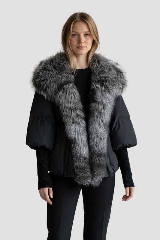 Doudoune col fourrure femme gris Héritage fourrure