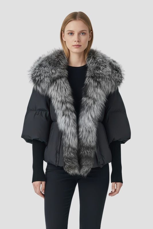 Doudoune col fourrure femme gris Héritage fourrure