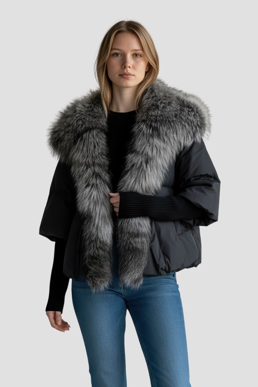 Doudoune col fourrure femme gris Héritage fourrure