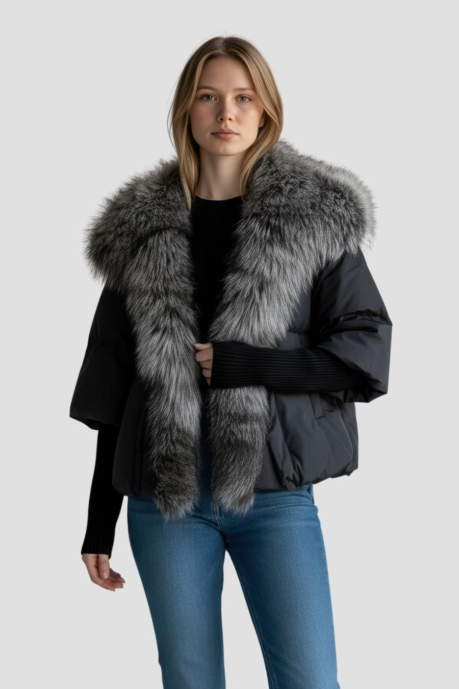 Doudoune col fourrure femme gris Héritage fourrure