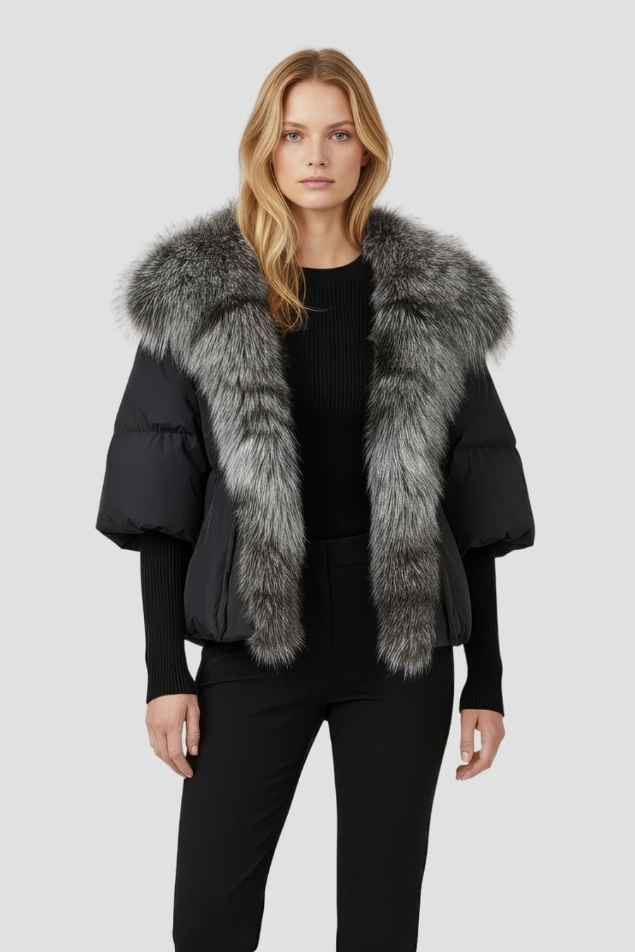 Doudoune col fourrure femme gris Héritage fourrure