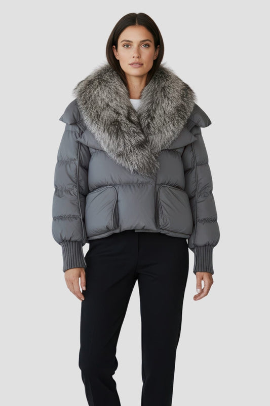 Doudoune col fourrure femme gris Héritage fourrure