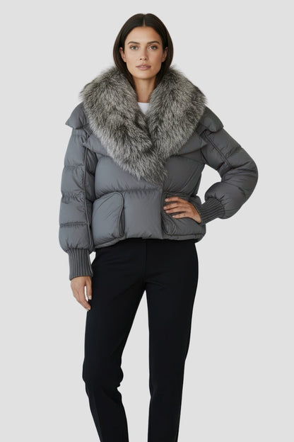 Doudoune col fourrure femme gris Héritage fourrure