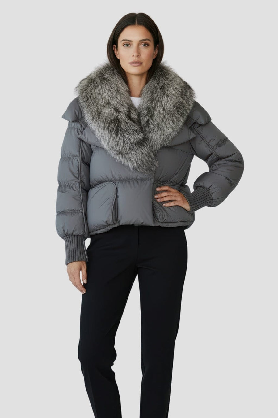 Doudoune col fourrure femme gris Héritage fourrure