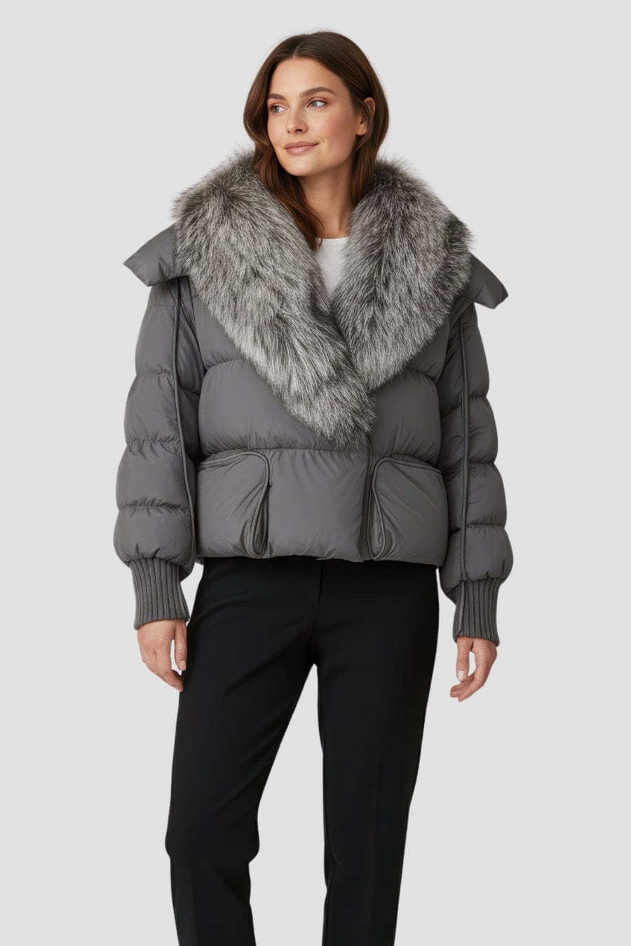 Doudoune col fourrure femme gris Héritage fourrure