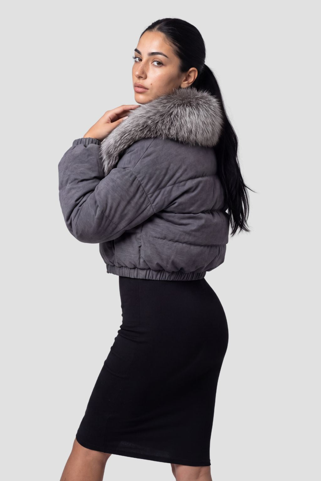 Doudoune col fourrure femme gris Héritage fourrure