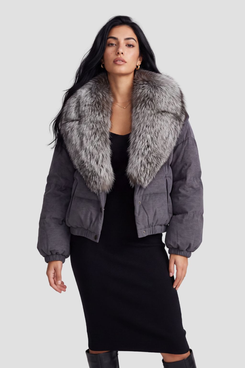 Doudoune col fourrure femme gris Héritage fourrure