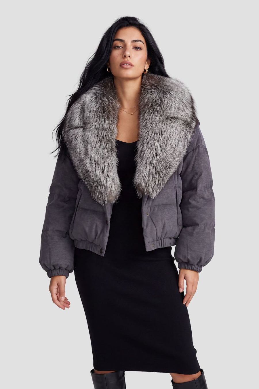 Doudoune col fourrure femme gris Héritage fourrure
