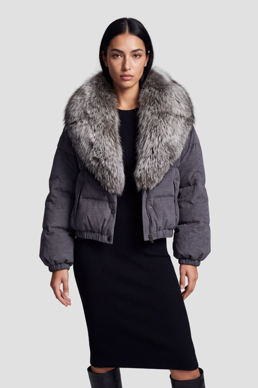 Doudoune col fourrure femme gris Héritage fourrure