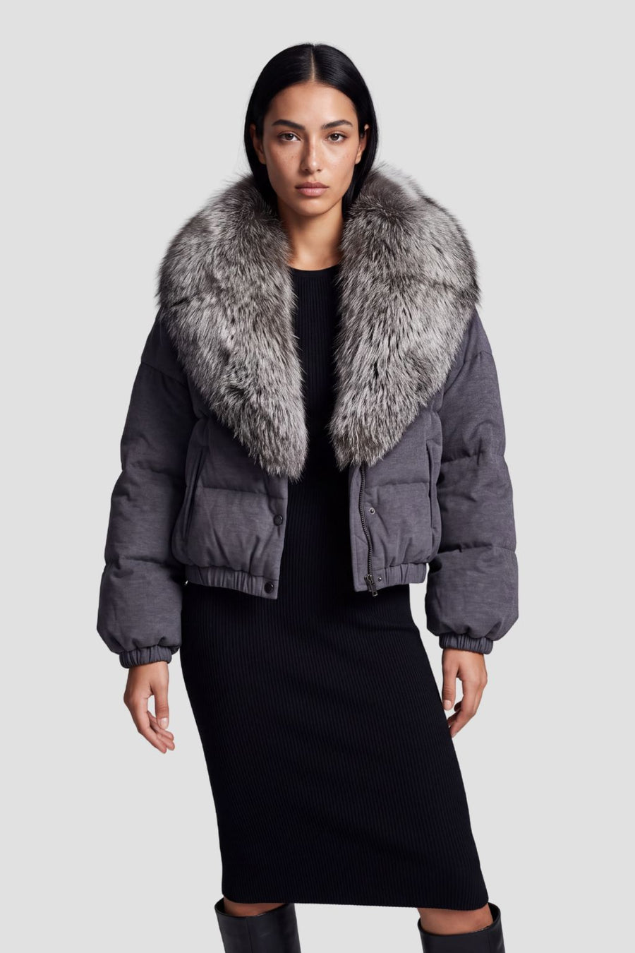 Doudoune col fourrure femme gris Héritage fourrure