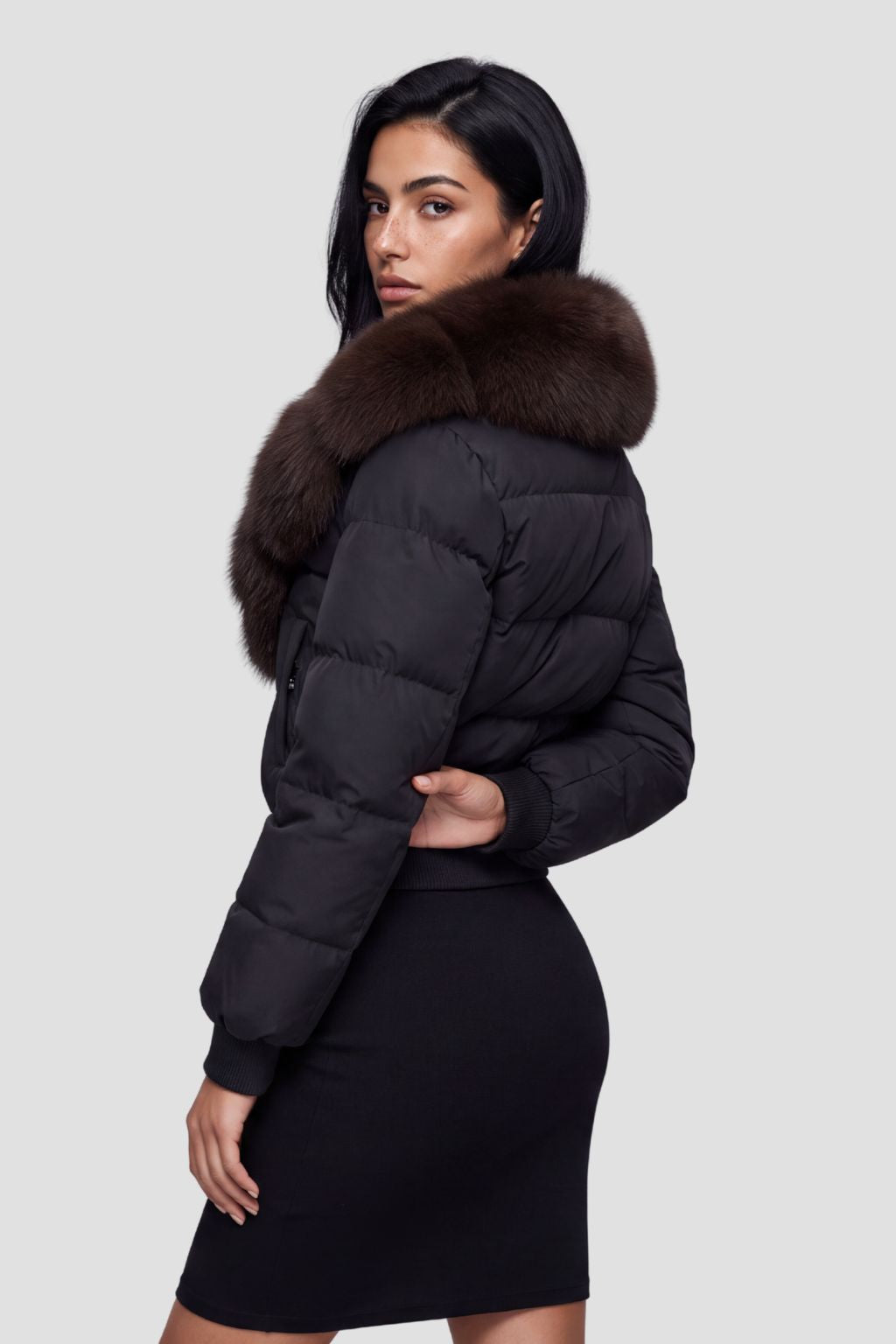 Doudoune col fourrure femme marron Héritage fourrure