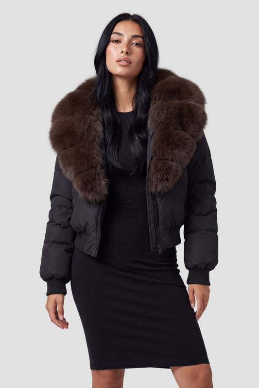 Doudoune col fourrure femme marron Héritage fourrure