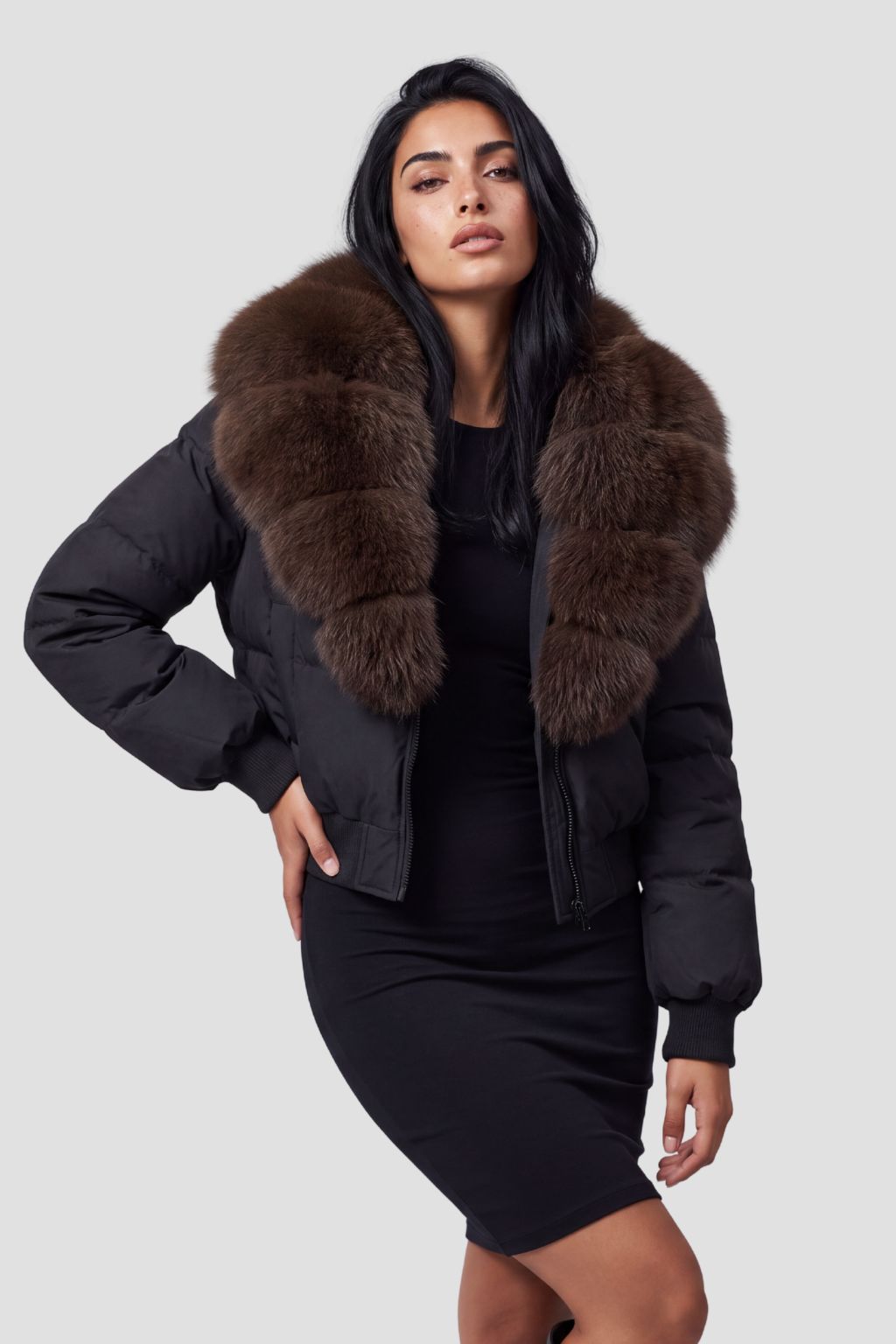 Doudoune col fourrure femme marron Héritage fourrure