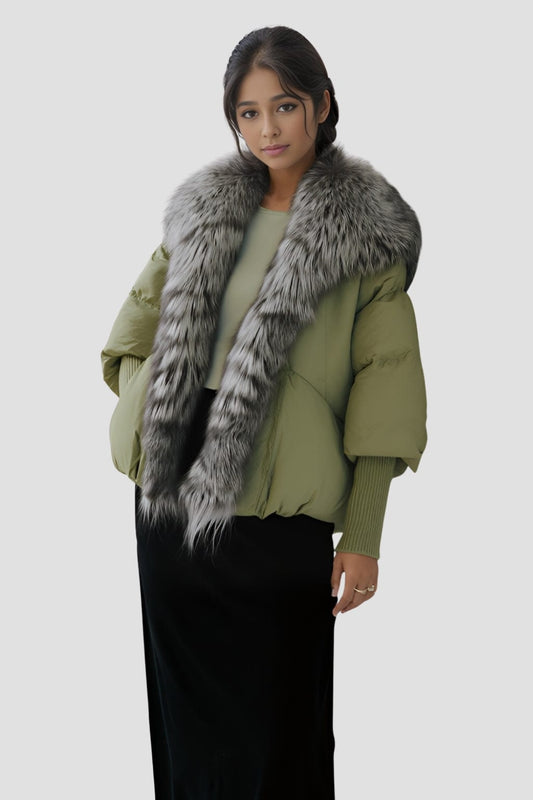 Doudoune col fourrure femme vert Héritage fourrure