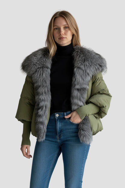 Doudoune col fourrure femme vert Héritage fourrure