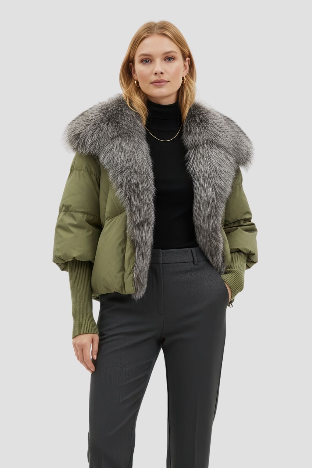 Doudoune col fourrure femme vert Héritage fourrure