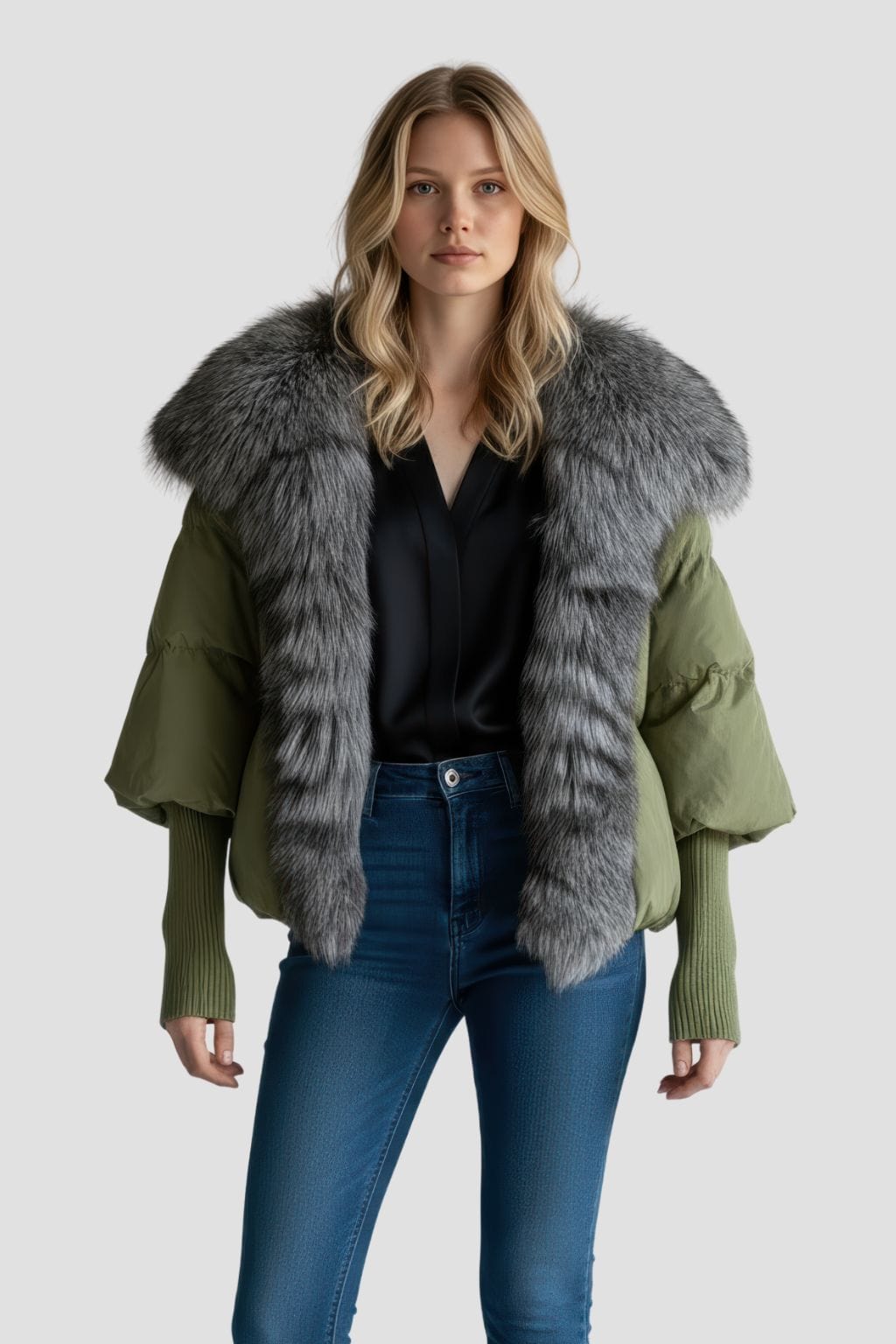 Doudoune col fourrure femme vert Héritage fourrure