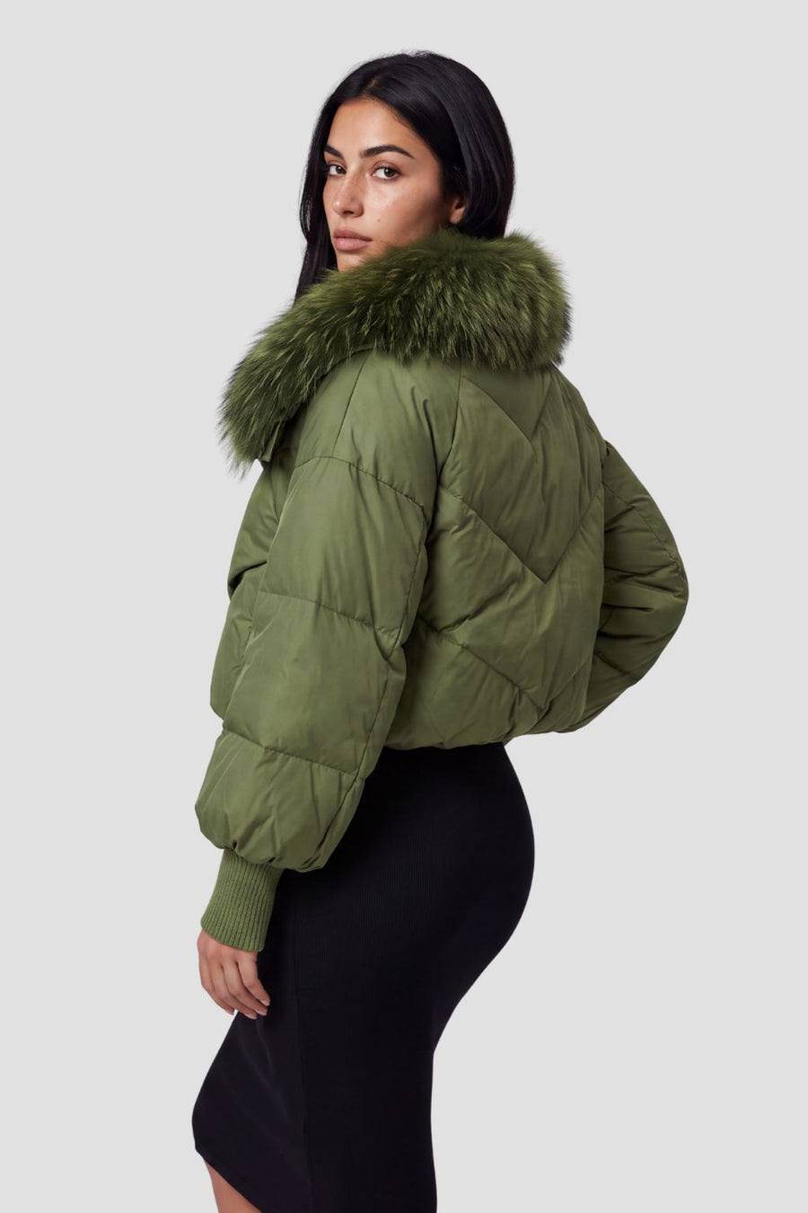 Doudoune col fourrure femme vert Héritage fourrure