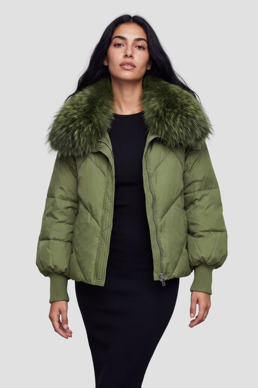 Doudoune col fourrure femme vert Héritage fourrure