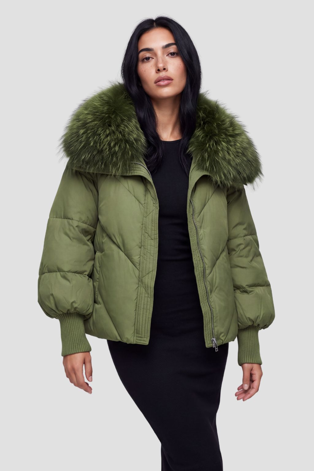 Doudoune col fourrure femme vert Héritage fourrure