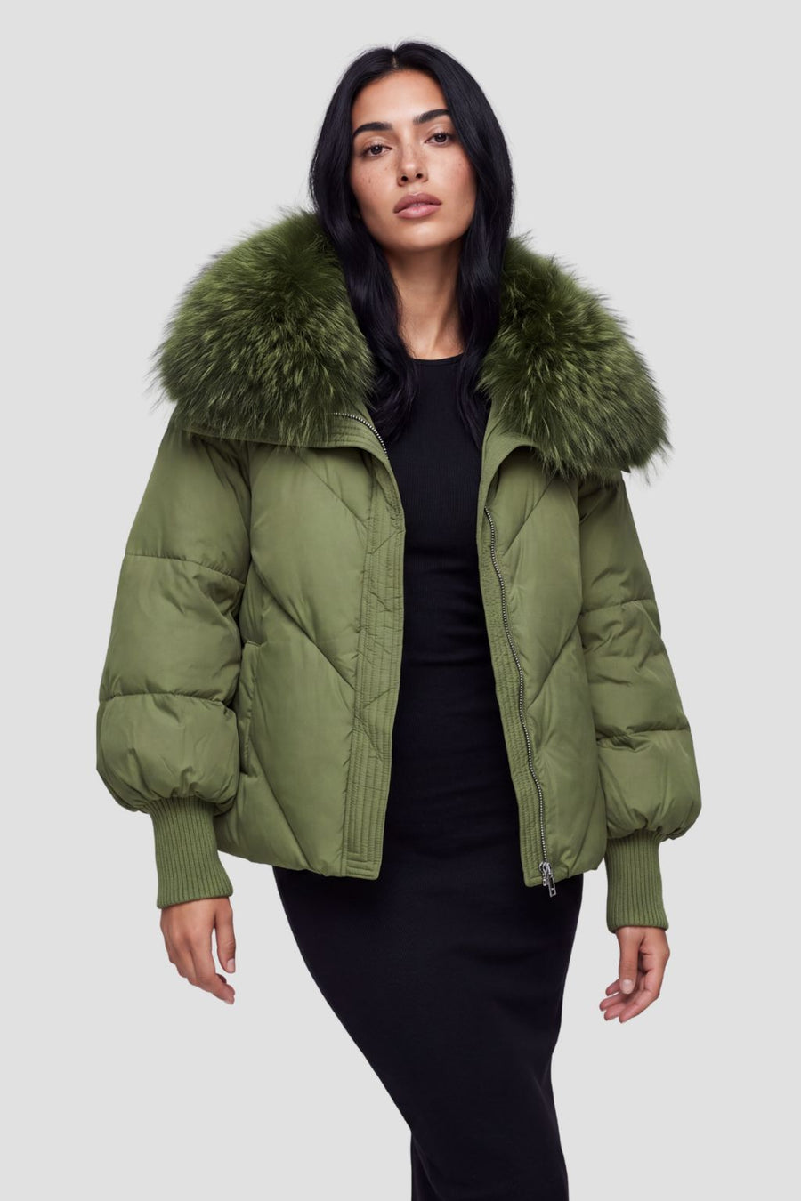 Doudoune col fourrure femme vert Héritage fourrure