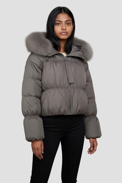 Doudoune courte en fourrure femme gris Héritage fourrure