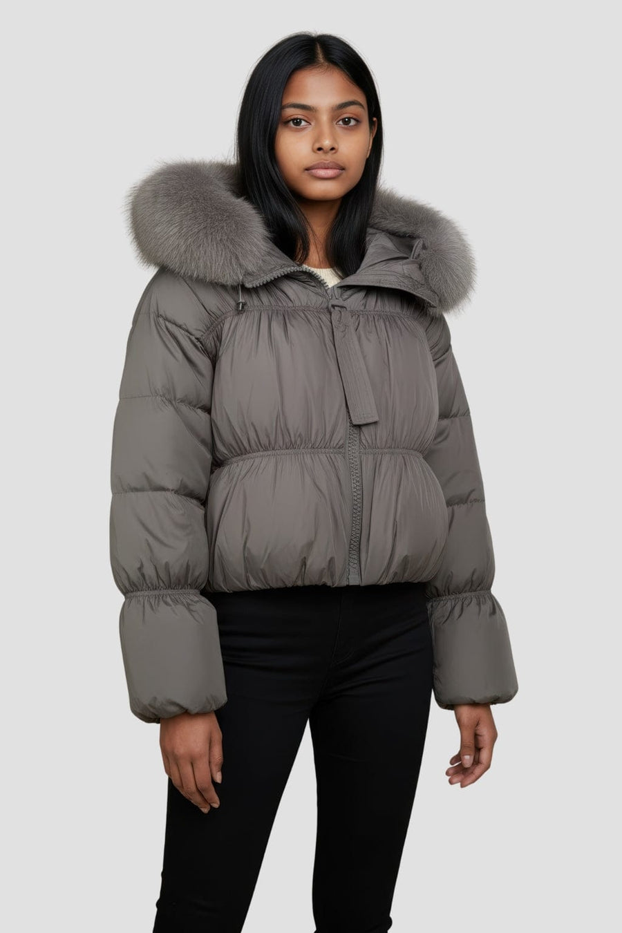 Doudoune courte en fourrure femme gris Héritage fourrure