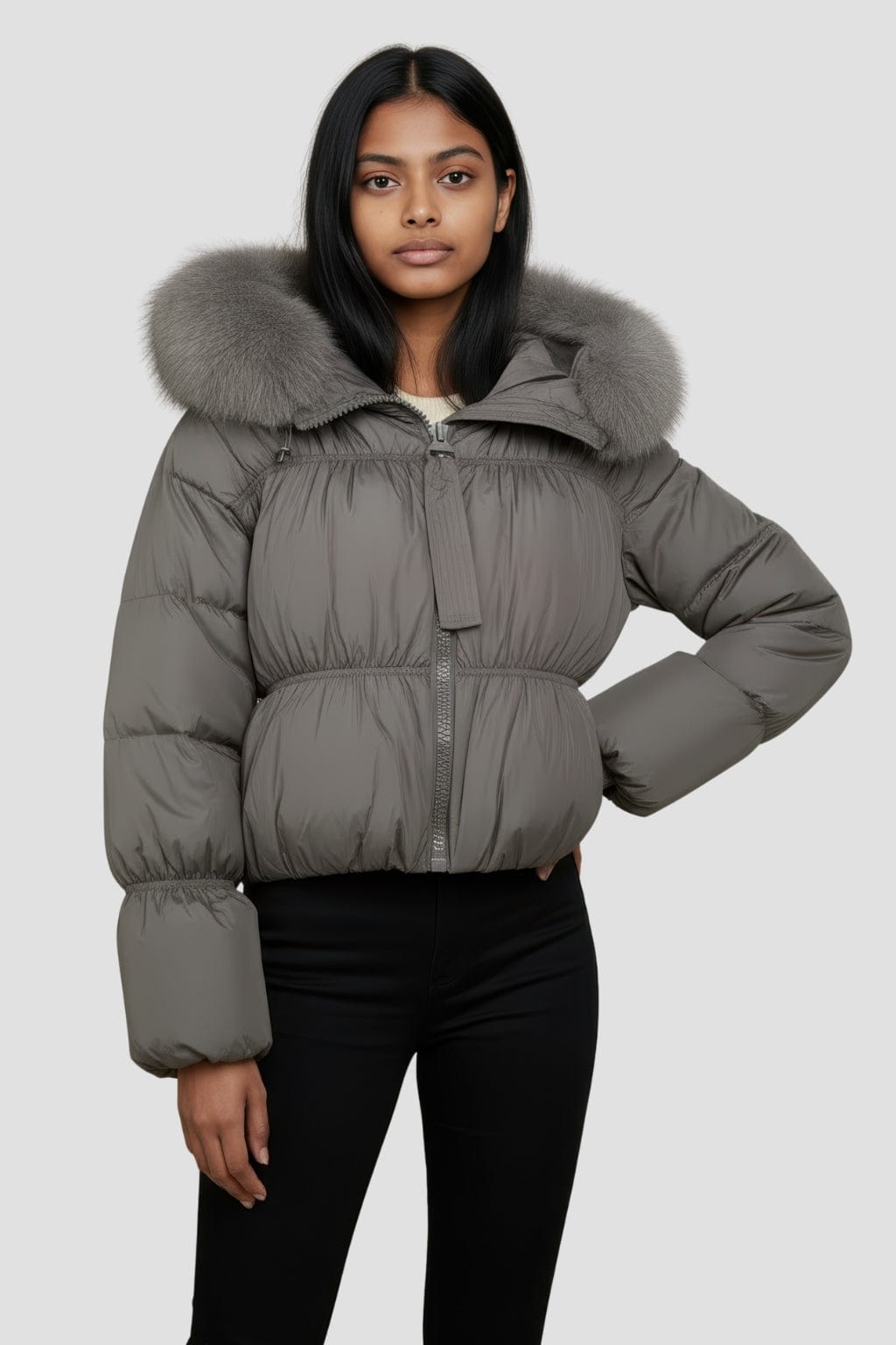 Doudoune courte en fourrure femme gris Héritage fourrure
