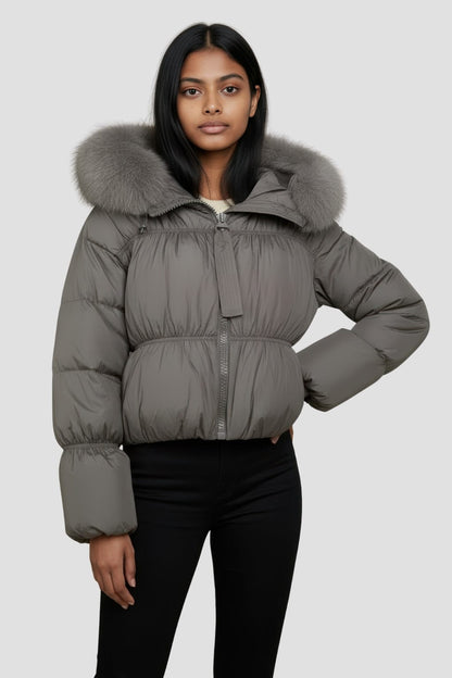 Doudoune courte en fourrure femme gris Héritage fourrure
