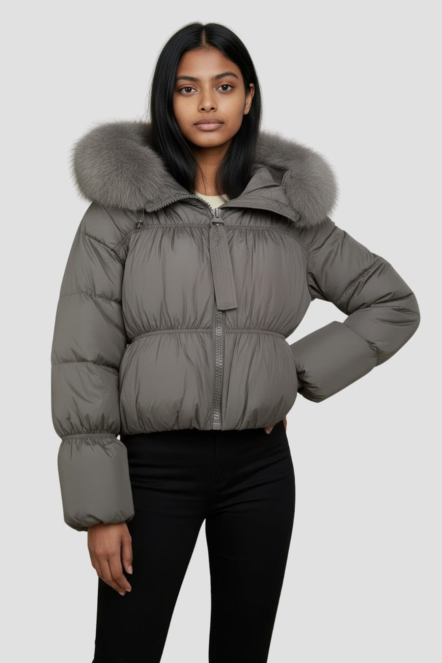 Doudoune courte en fourrure femme gris Héritage fourrure