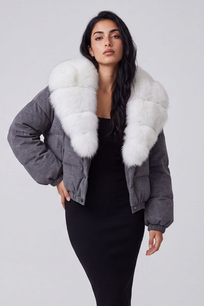 Doudoune courte en fourrure femme gris Héritage fourrure