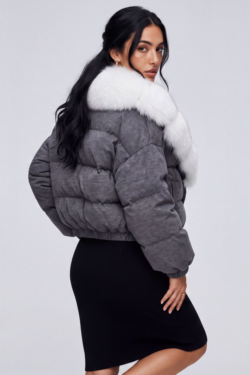 Doudoune courte en fourrure femme gris Héritage fourrure