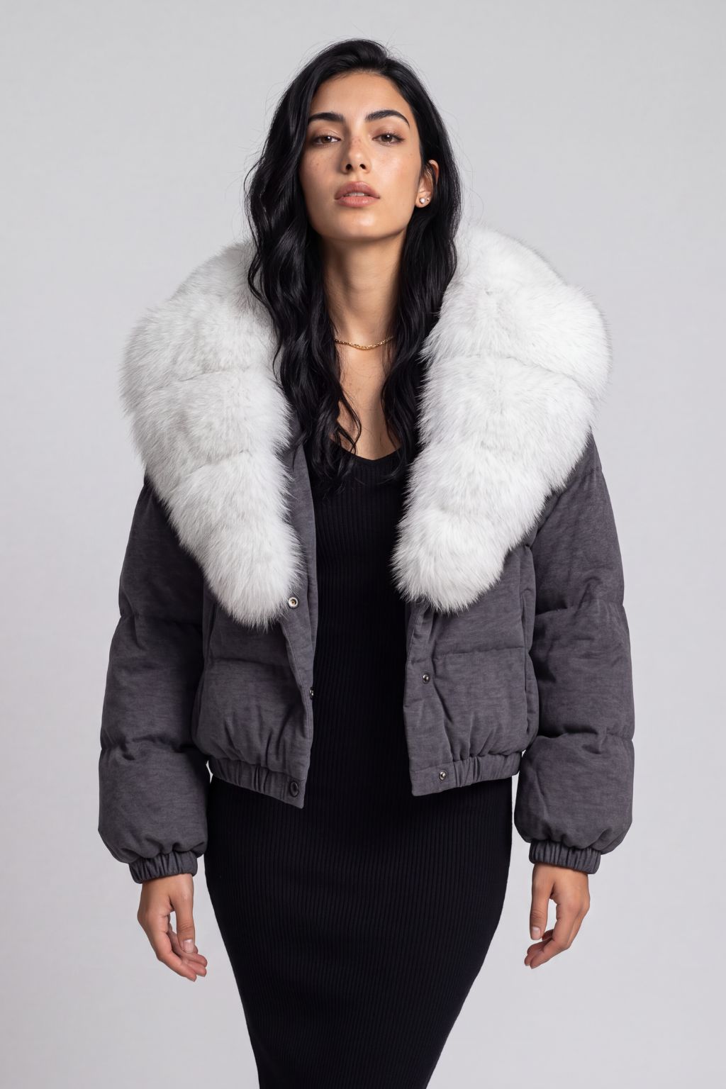 Doudoune courte en fourrure femme gris Héritage fourrure
