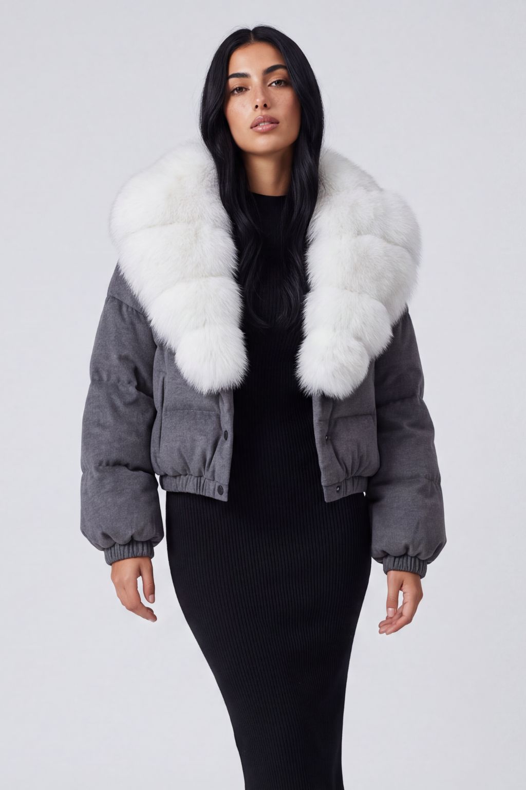 Doudoune courte en fourrure femme gris Héritage fourrure