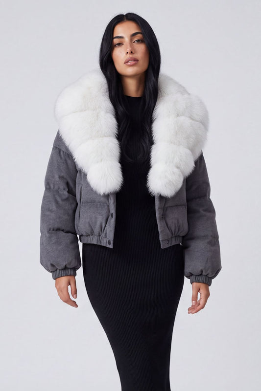 Doudoune courte en fourrure femme gris Héritage fourrure