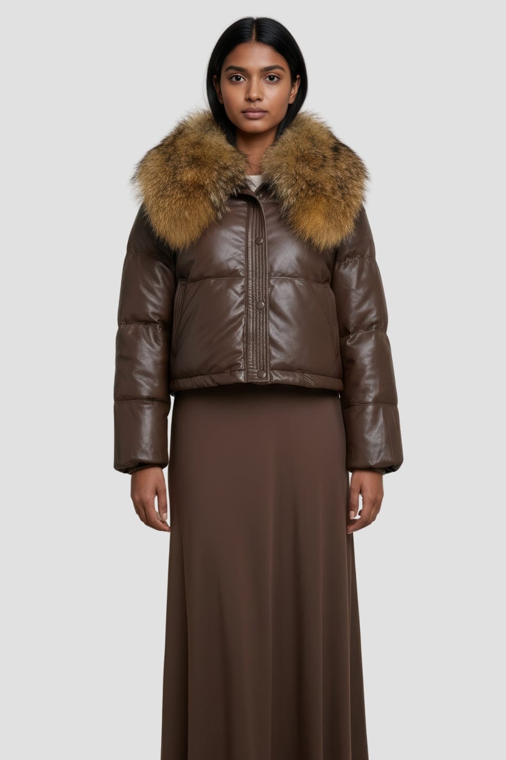 Doudoune courte en fourrure femme marron Héritage fourrure
