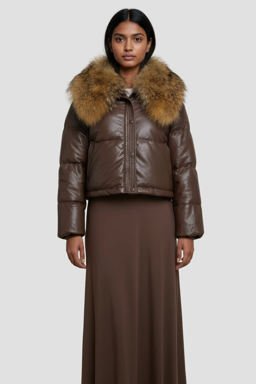 Doudoune courte en fourrure femme marron Héritage fourrure