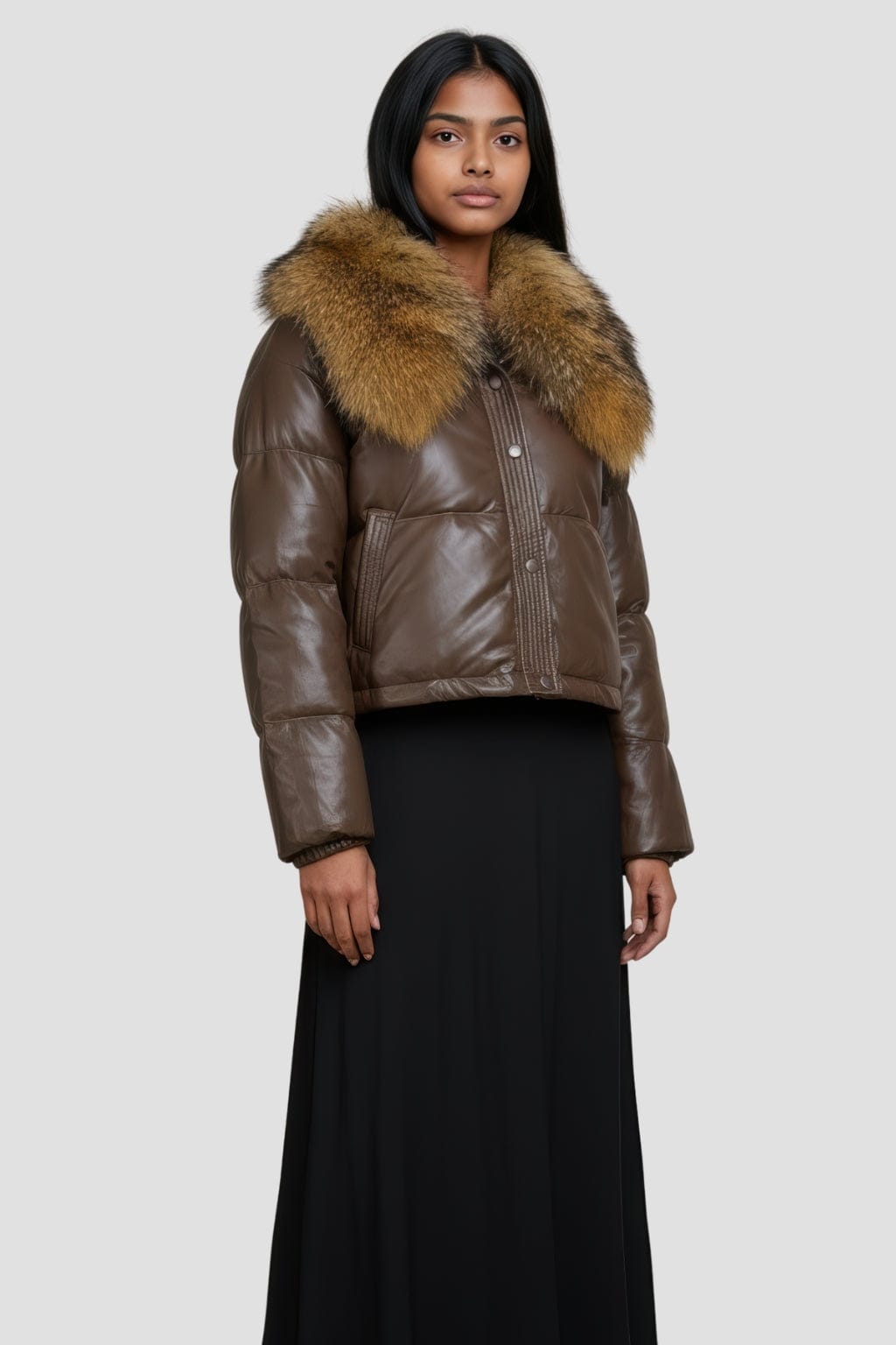 Doudoune courte en fourrure femme marron Héritage fourrure
