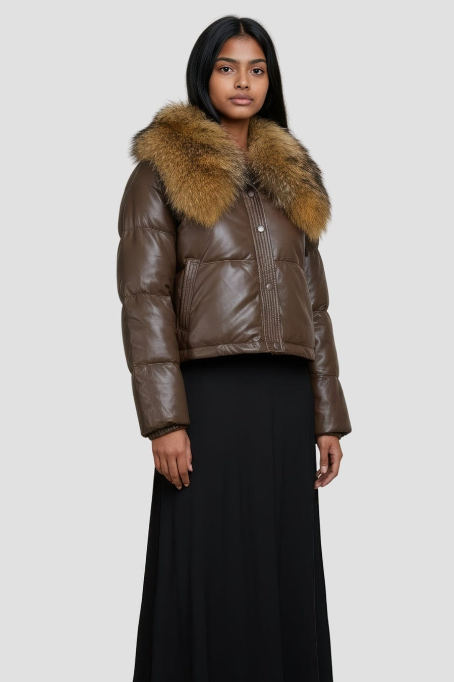 Doudoune courte en fourrure femme marron Héritage fourrure