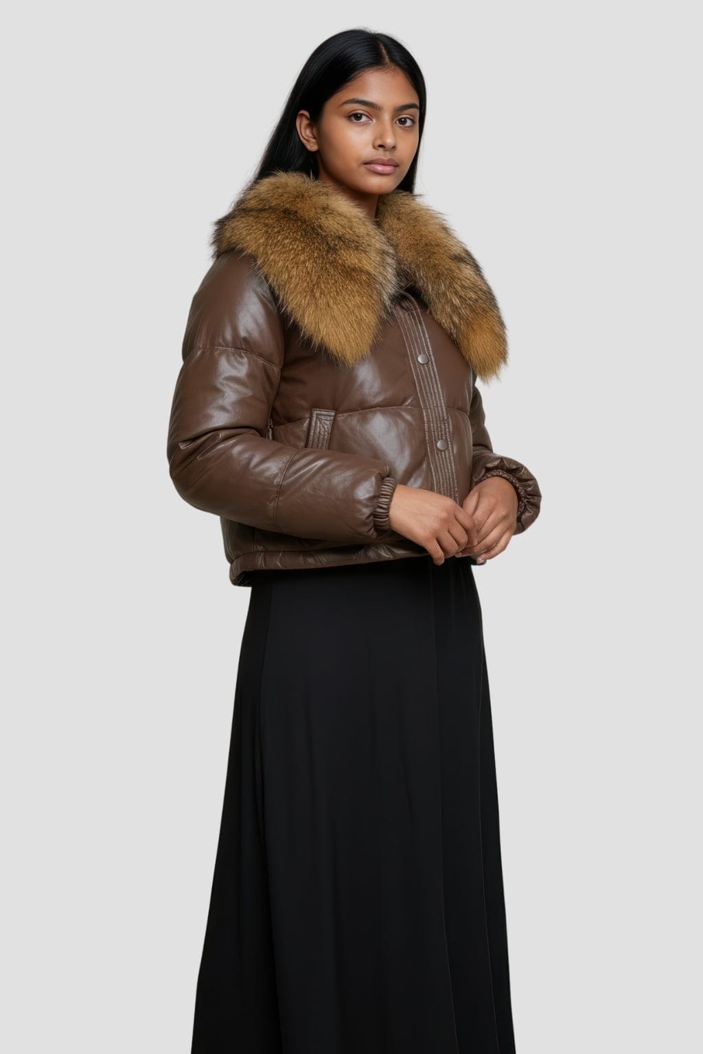 Doudoune courte en fourrure femme marron Héritage fourrure