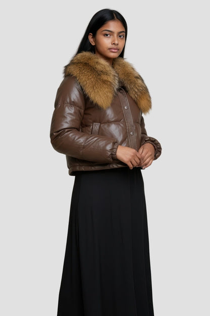 Doudoune courte en fourrure femme marron Héritage fourrure