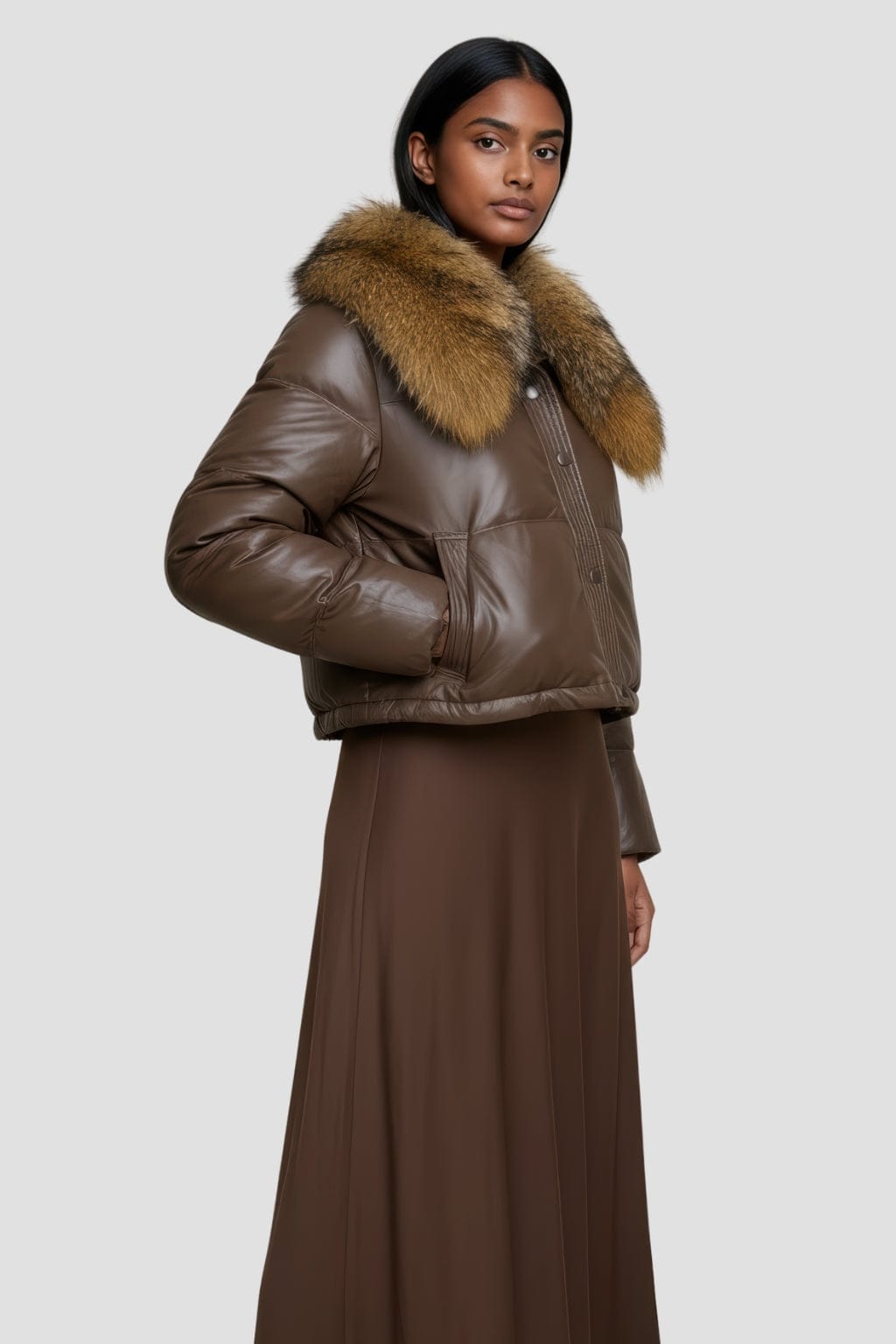 Doudoune courte en fourrure femme marron Héritage fourrure